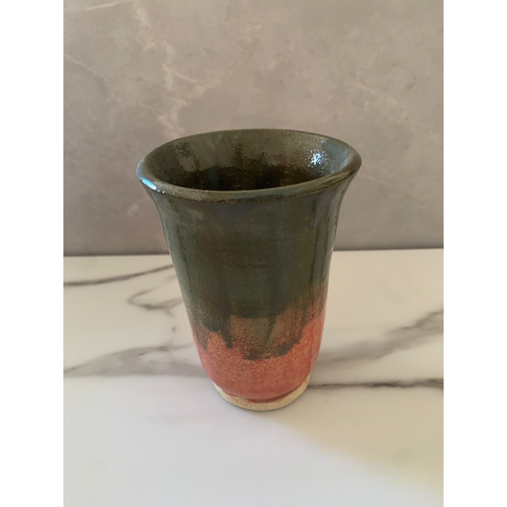 Studio Pottery Green and Orange Glazed Ceramic Vase Signed VS 45 4.25 Inch